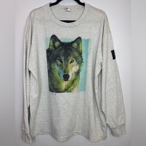 Vintage Humeur Design Graphic Wolf Animal Nature 90s heather gray long sleeve